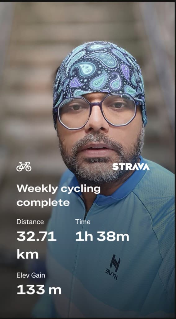 Weekly cycling complete: 32.71 km in 1 hour 38 minutes.